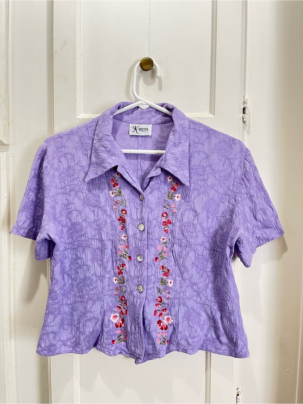 K Petite Lavender Short-Sleeve Embroidered Button-Down Shirt Semi Croptop